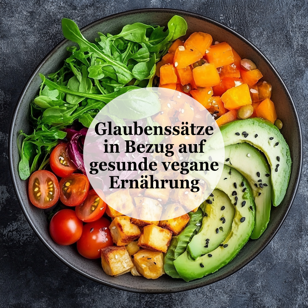 Ein Teller mit gesunden pflanzlichen Lebensmitteln, zu sehen sind klein geschnittene Tomaten, gebratener Tofu, Avocadoscheiben, Blattsalat und der Schriftzug: "Glaubenssätze in Bezug auf gesunde vegane Ernährung, in der Mitte der veganen und vollwertigen Bowl.