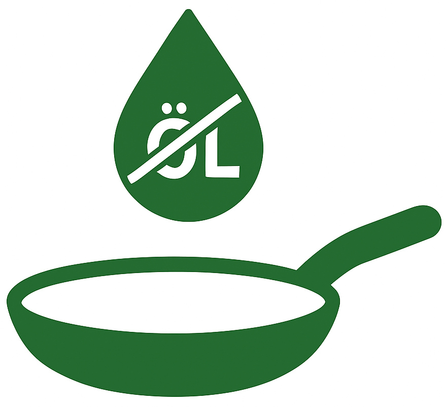 Symbole werden durch Linien in typischem Grünton drgestllt. der Hintergrund ist weiß. eine Pfanne ist zentral zu sehen. Ein durchgestrichener Tropfen Öl oberhalb der Pfanne zeigt, dass ohne Fett gebraten wird