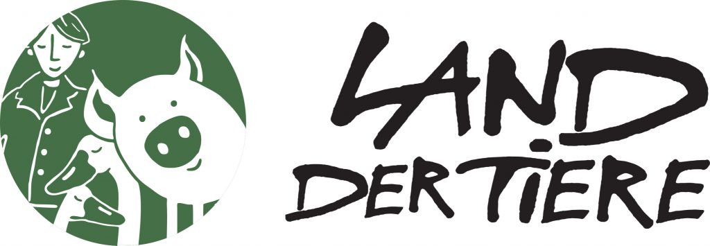 grün und weißes Logo vom Lebenshof,  rechts steht in schwarzer Schrift: "Land der Tiere"