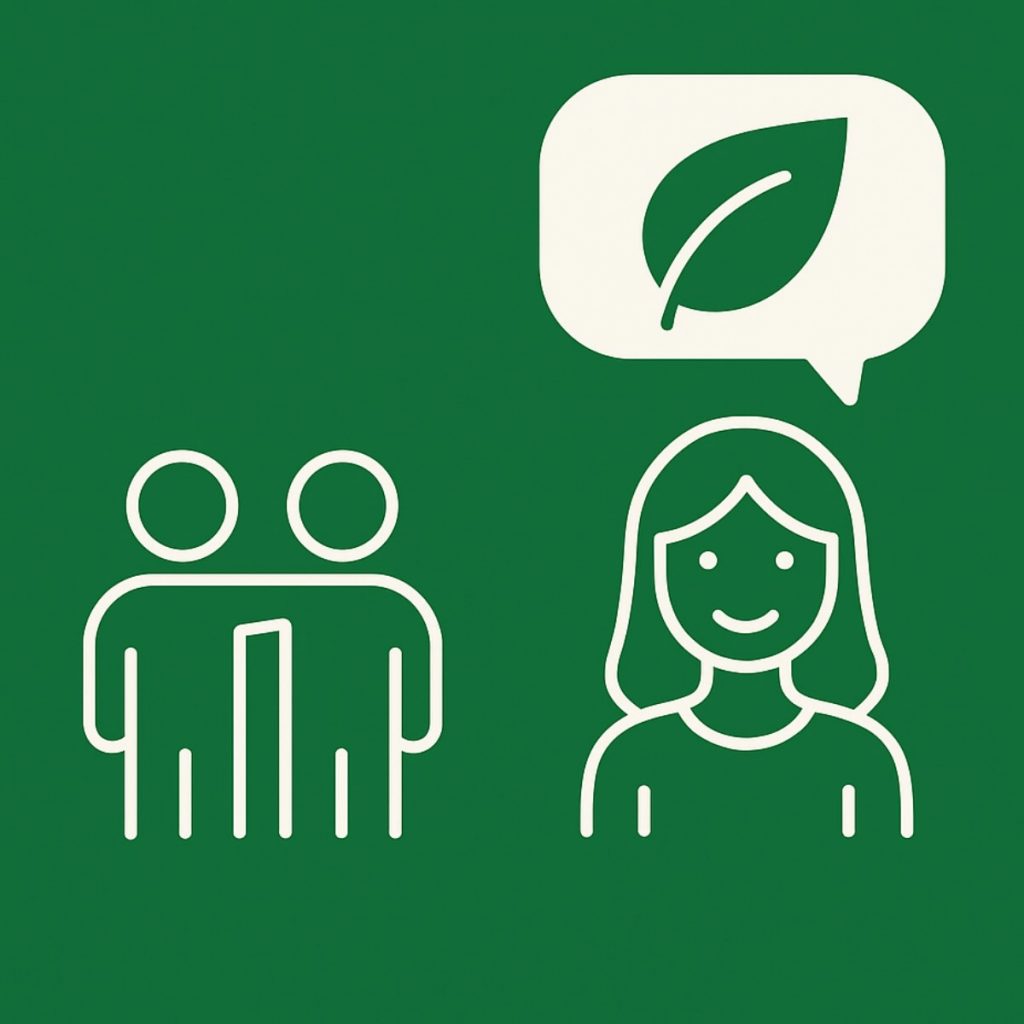 Weiße Umrandung der Symbole
drei Personen symbolisieren ein veganes Umfeld und Zusammenhalt. Hintergrund: typischer Grünton für die ausgefüllten Symbole