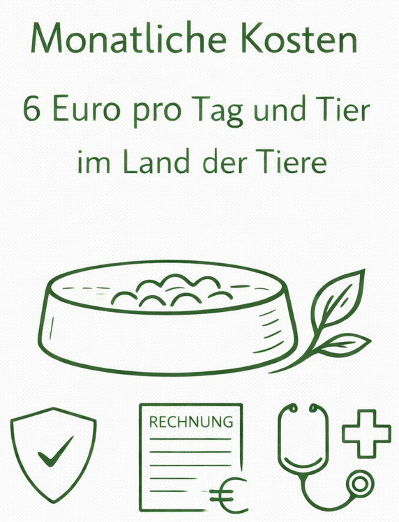 "monatliche Kosten: 6 € pro Tag und Tier im Land der Tiere" ist die Überschrift in grün, Futternapf mit Pflanze, Versicherungs-Zeichen mit Haken, Rechnung und Symbol eines Arztes sind auf weißem Hintergrund.