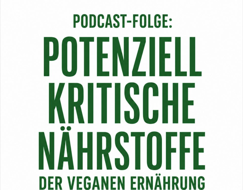 Grafik, weißer Hintergrund, typische grüne Schrift von Coaching vegan, Großbuchstaben: "PODCAST-FOLGE: potenziell kritische Nährstoffe der veganen Ernährung"