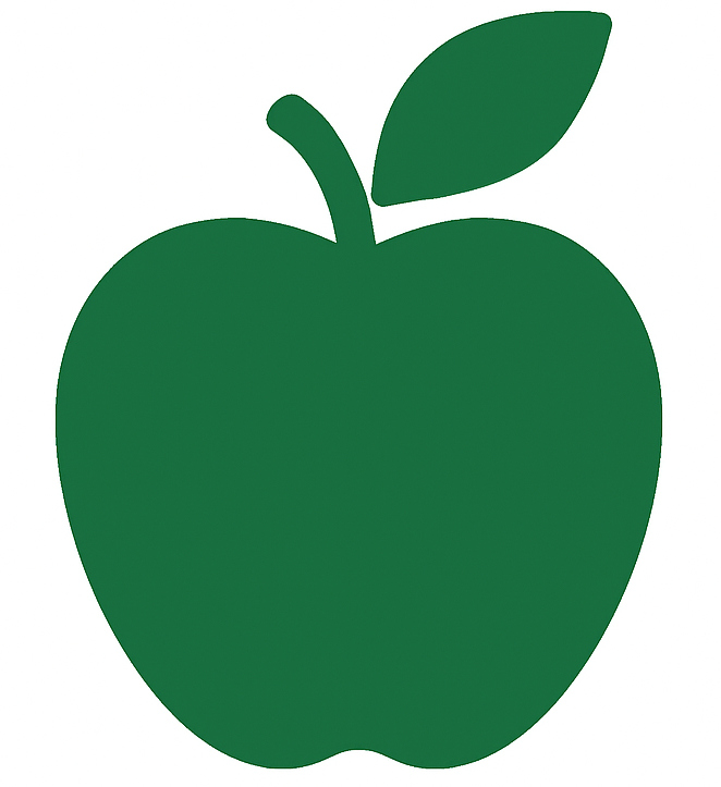 Darstellung eines Apfels, grün mit weißem Hintergrund. Ein Blatt ist am Stiel vom Obst. Äpfel sind auf dem Saisonkalender September.
