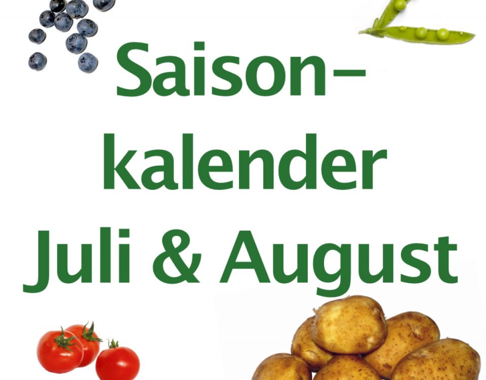 In grüner, typischer "Coaching vegan" Schrift steht: Saisonkalender Juli und August. Es sind regionale, vegane und saisonale Lebensmittel zu sehen (Foto): Heidelbeeren, Tomaten, Kartoffeln und eine Hülse mit Erbsen. Der Hintergrund ist weiß. Gesundheitliche Vorteile durch regionale Lebensmittel